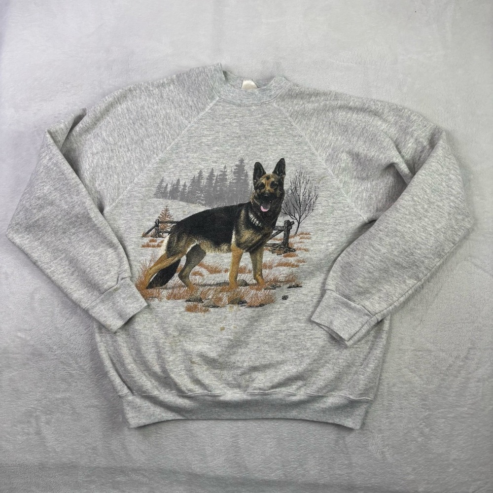 VTG 80s Grey German Shepard Pullover Long Sleeve Sweatshirt Men's LG Stains